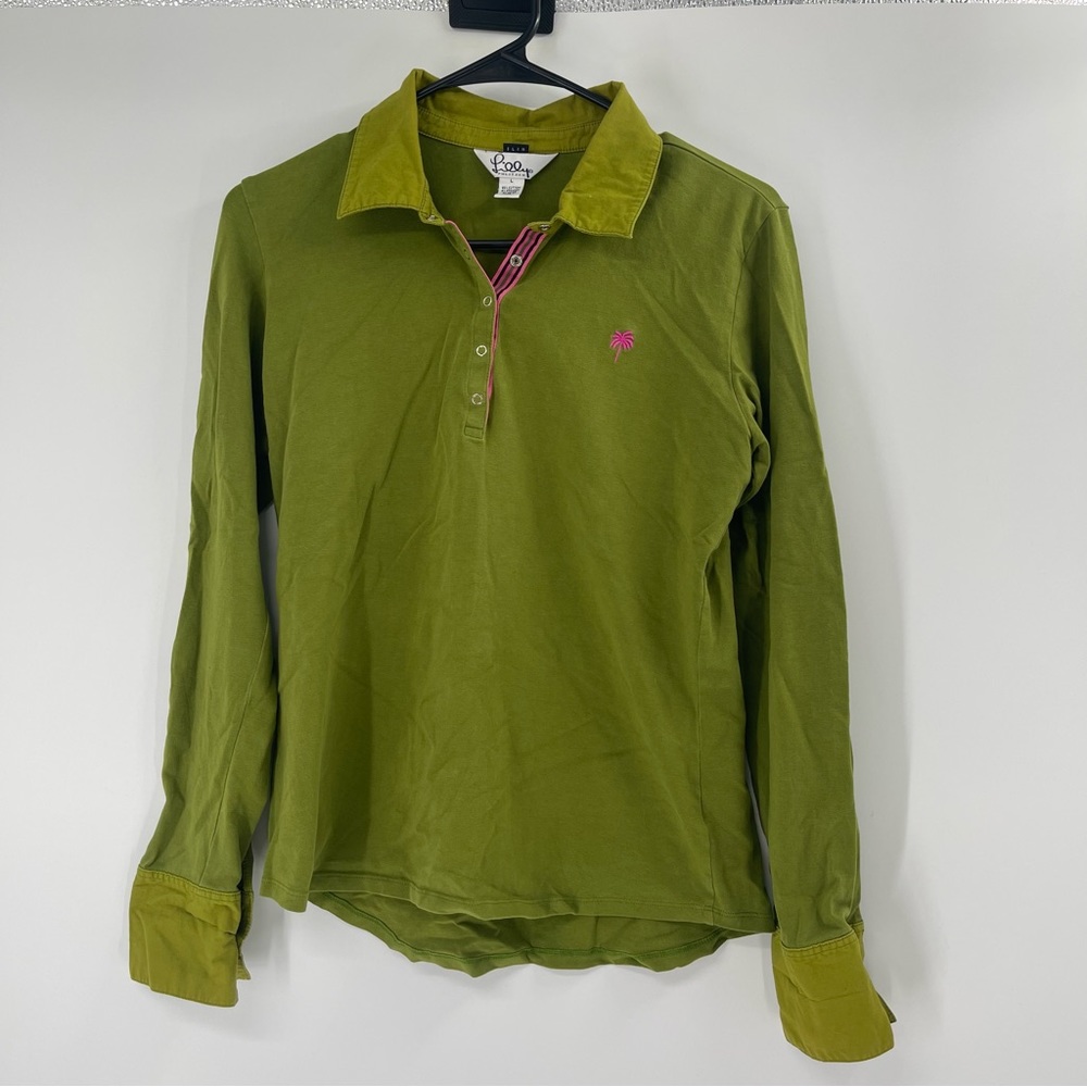 Lilly Pulitzer Vintage Collared Long Sleeve Green Slim Stretch Golf Top Blouse